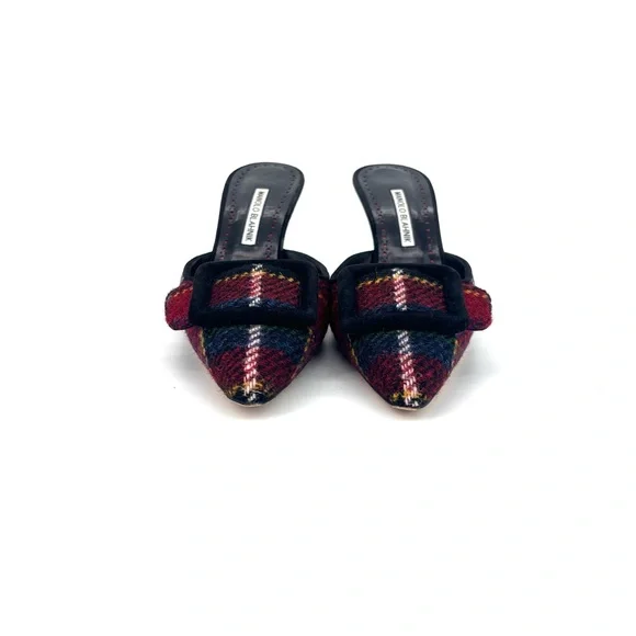 Manolo Blahnik Maysale Plaid Tweed Slip On Kitten Heel Mules 39.5 - Picture 2 of 10
